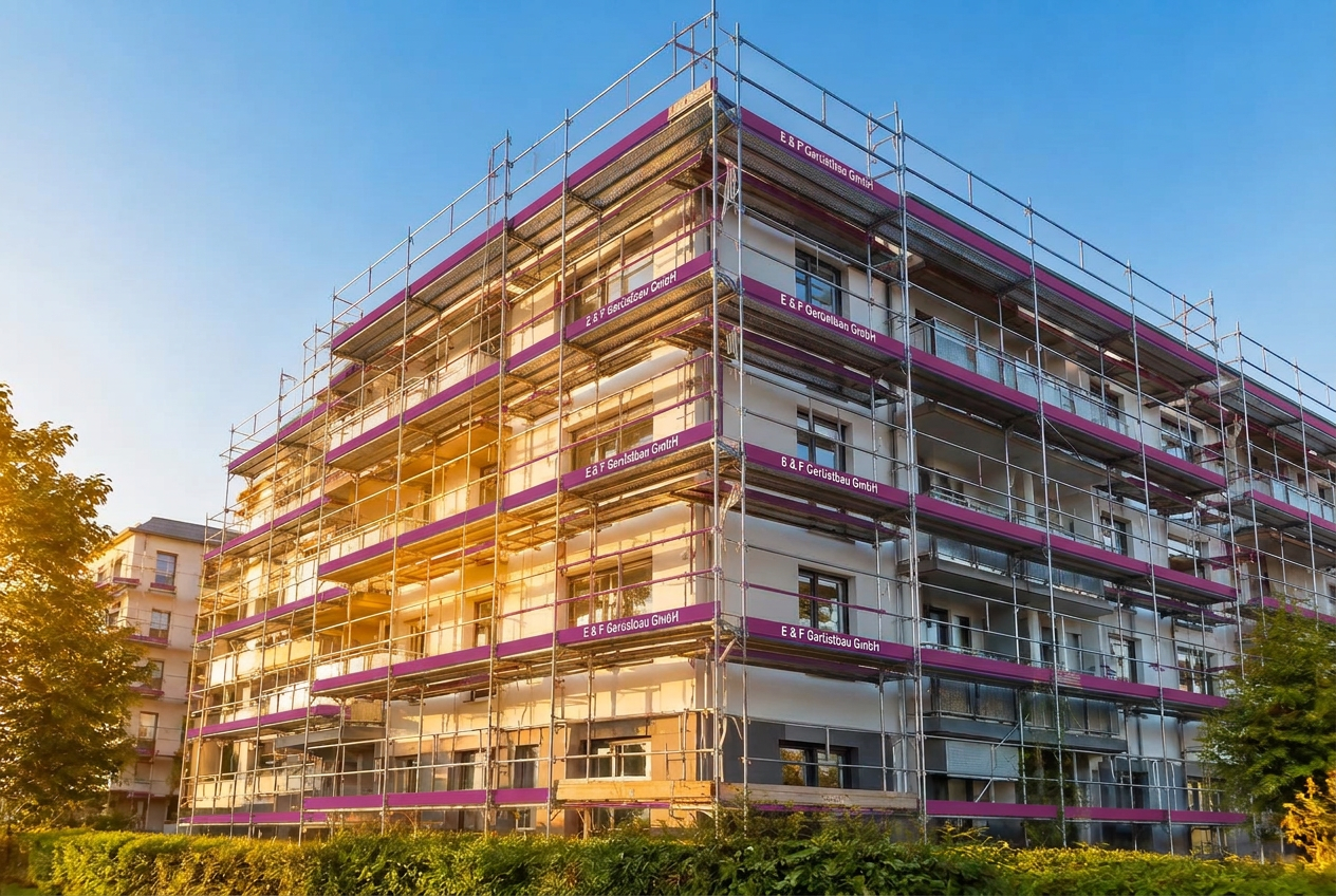 Fassadengerüst an einem Wohnhaus in der Abendsonne